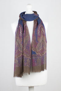 Persian Paisley Print Merino Wool Scarf - Navy Magenta Brown