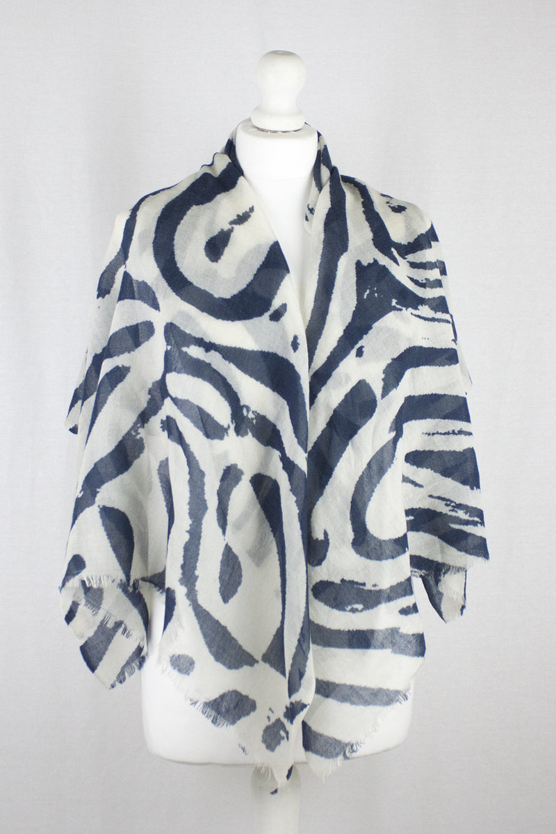 Fun Maze Print Merino Wool Scarf - Off-White Navy