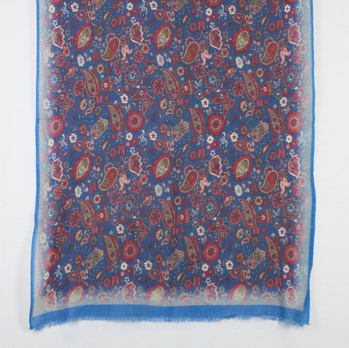 Paisley and Flower Spread Print Merino Wool Scarf - Blue Multi