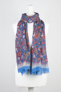 Paisley and Flower Spread Print Merino Wool Scarf - Blue Multi
