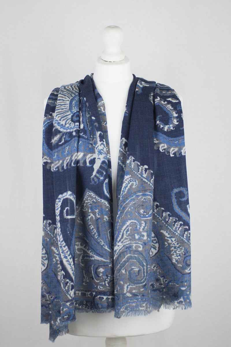 Persian Feather Merino Wool Scarf - Navy Multi