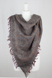 Jamdani Motif Jacquard Merino Wool Scarf - Grey Orange