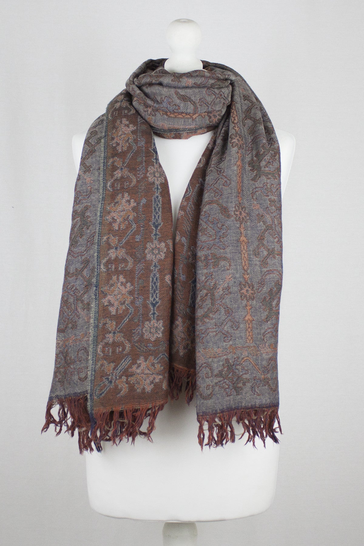 Jamdani Motif Jacquard Merino Wool Scarf - Grey Orange