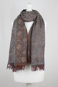 Jamdani Motif Jacquard Merino Wool Scarf - Grey Orange