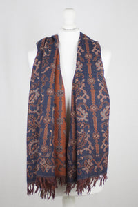 Jamdani Motif Jacquard Merino Wool Scarf - Navy Orange