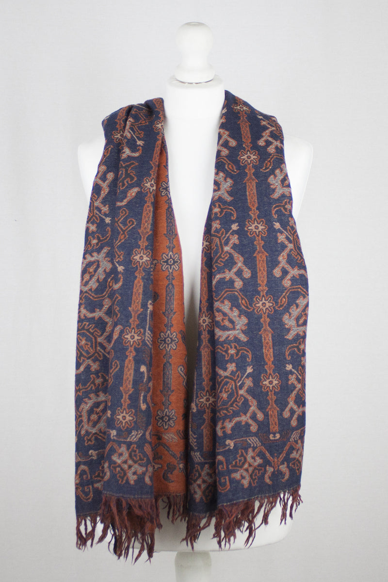 Jamdani Motif Jacquard Merino Wool Scarf - Navy Orange