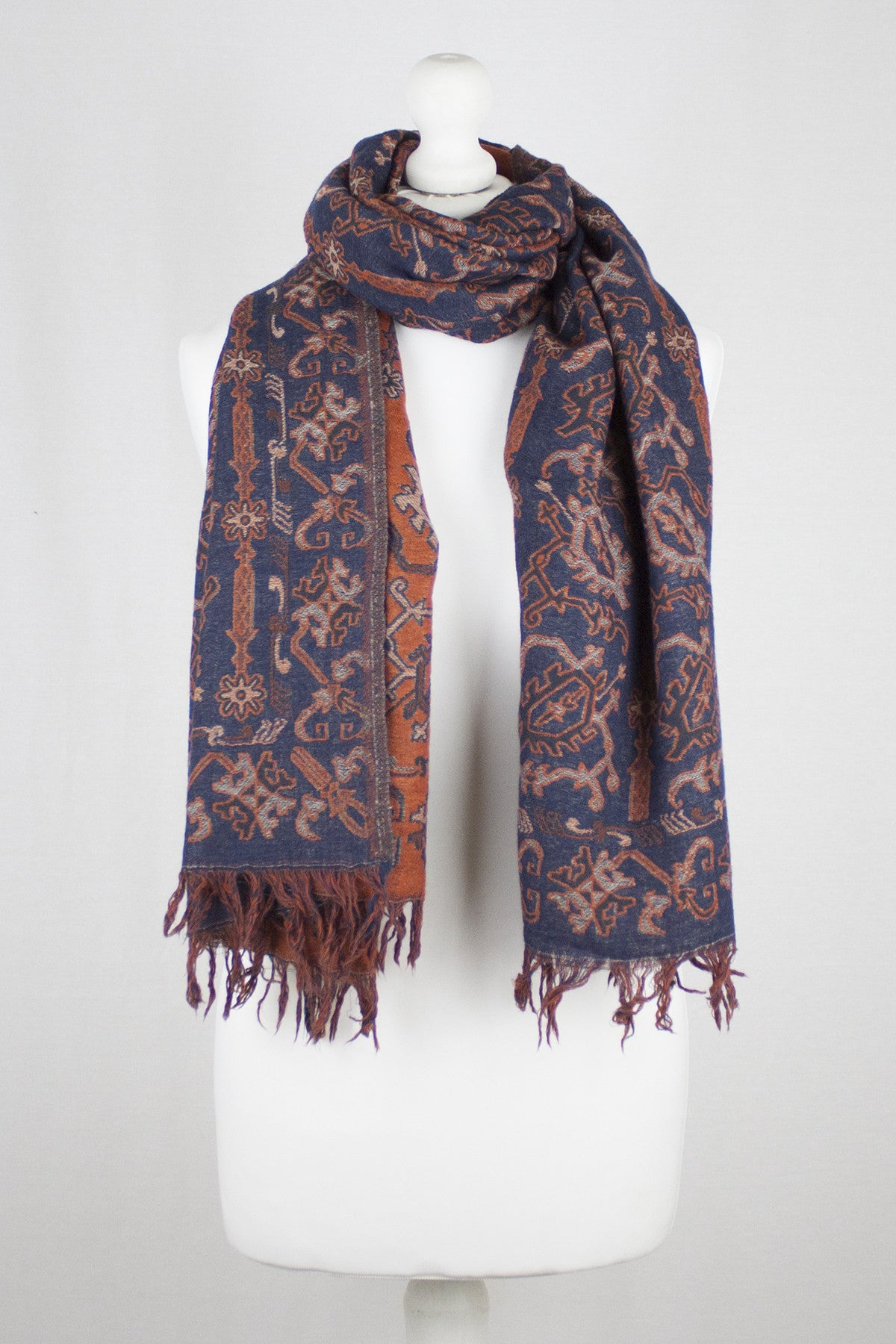 Jamdani Motif Jacquard Merino Wool Scarf - Navy Orange