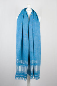 Mirror Work Lurex Border Wool Shawl - Turquoise