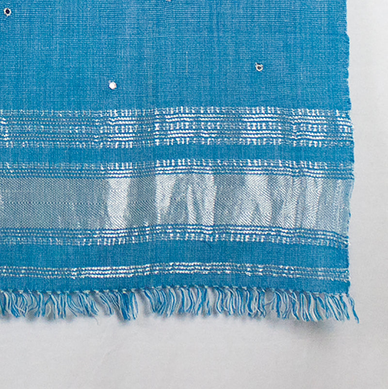 Mirror Work Lurex Border Wool Shawl - Turquoise