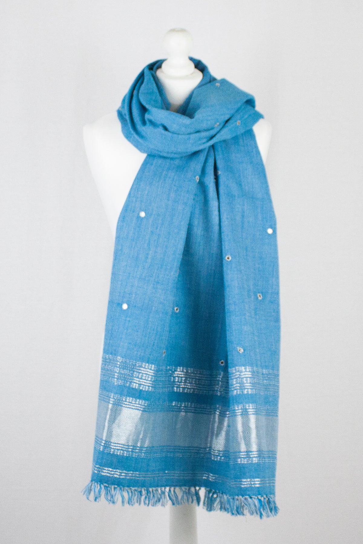 Mirror Work Lurex Border Wool Shawl - Turquoise