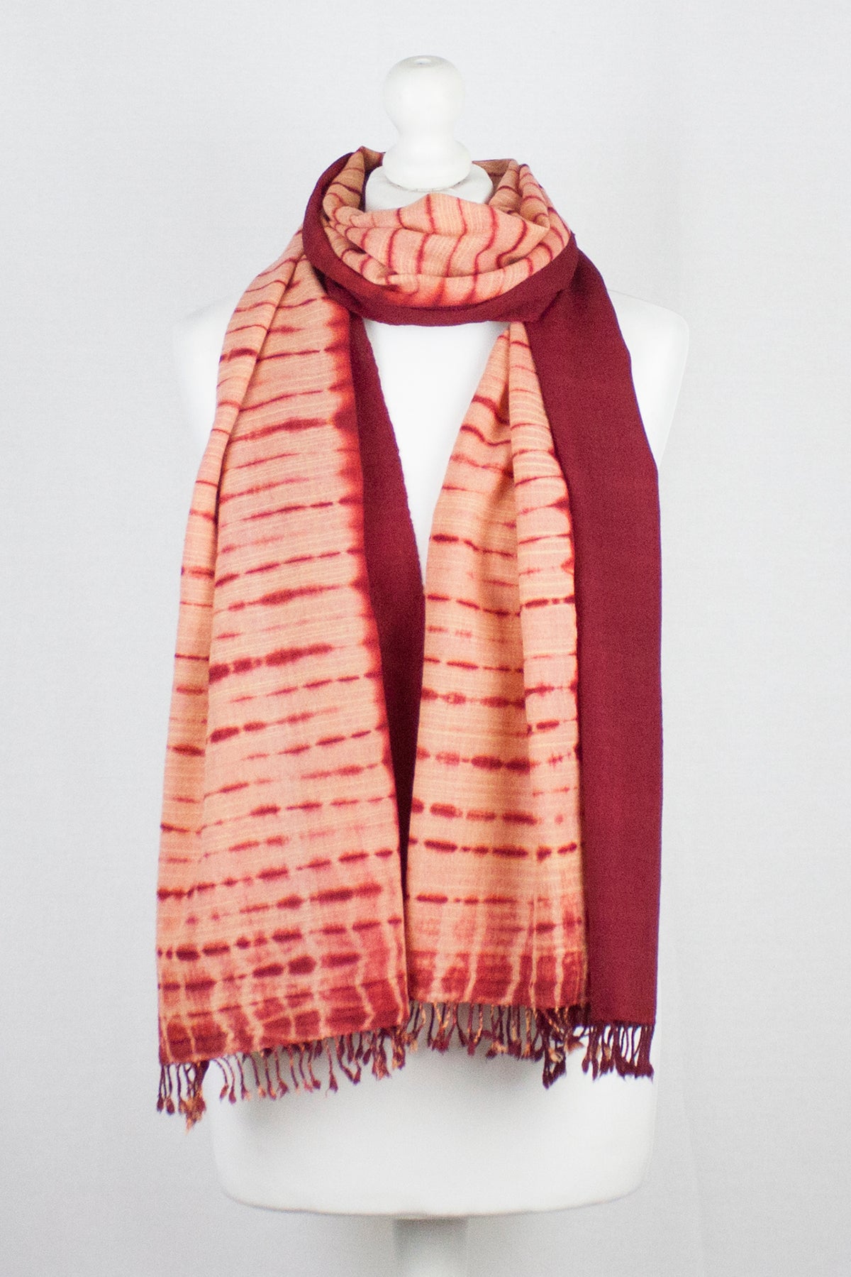 Shibori Dyed Handwoven Wool Scarf - Peach Red