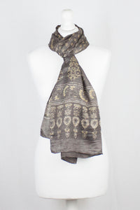 Ditsy Flower Ajrakh Print Silk Scarf - Brown Yellow