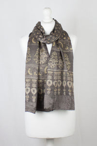 Ditsy Flower Ajrakh Print Silk Scarf - Brown Yellow