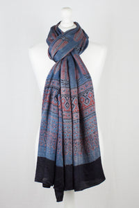 Tree Motif Ajrakh Print Silk Scarf - Blue Red
