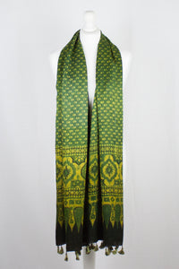 Ditsy Flower Ajrakh Block Print Silk Scarf - Green Yellow
