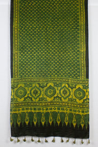 Ditsy Flower Ajrakh Block Print Silk Scarf - Green Yellow