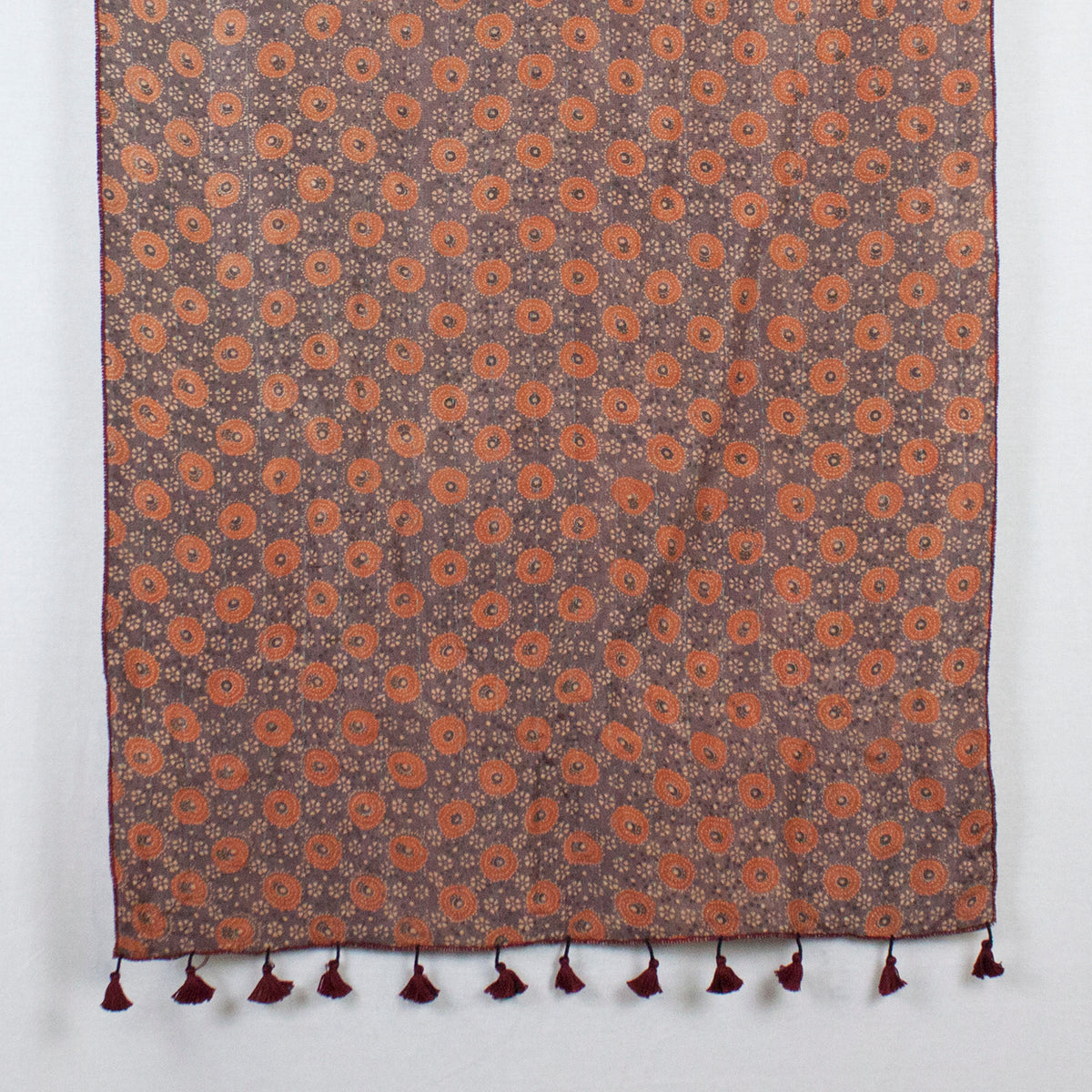Double Sided Ajrakh Print Silk and Woolen Embroidered Scarf - Orange Off White