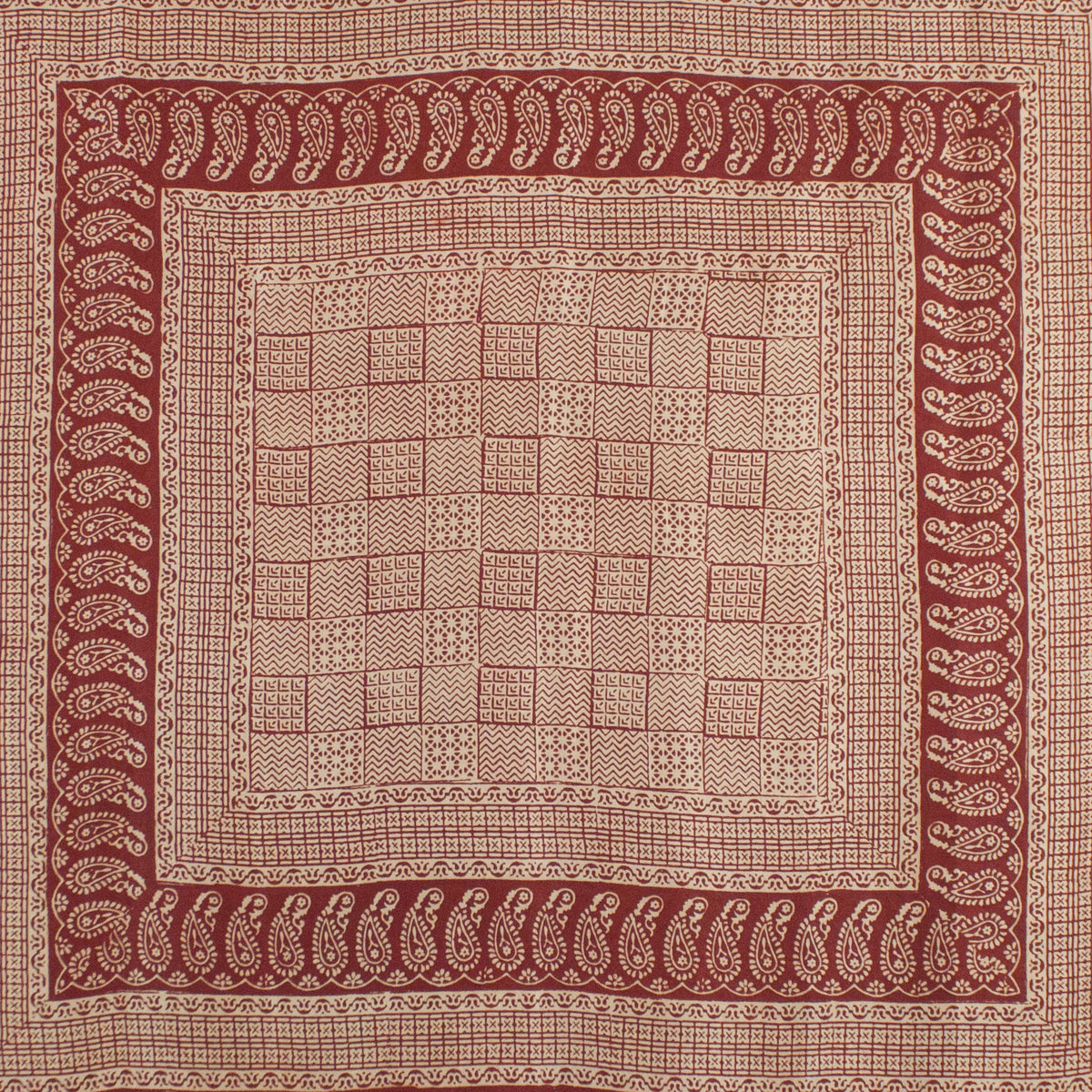 Checks Mix Print Bagh Hand-block Print Silk Square Scarf - Red