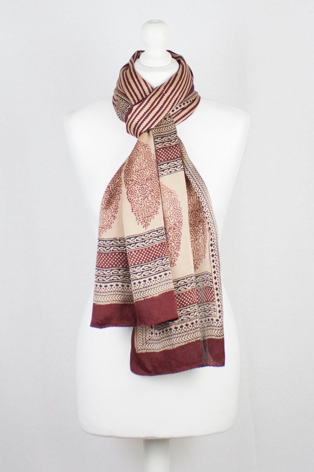 Edgy Stripes Print Bagh Hand-block Print Silk Scarf - Red