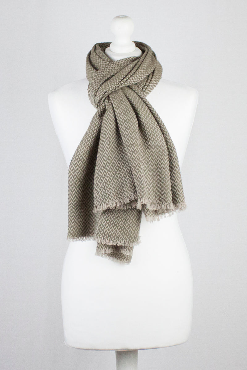 Chevron Weave Two Tone Merino Wool Scarf - Olive Beige