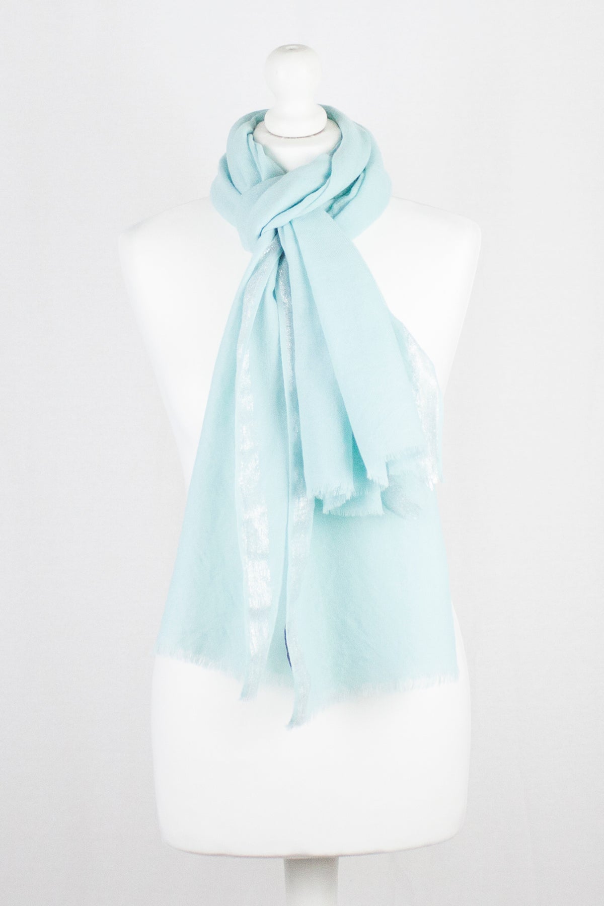 Twill Weave with Silver Lurex Border Merino Wool Scarf - Mint Green