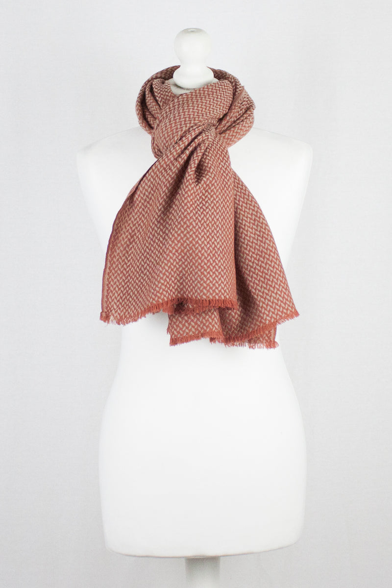 Chevron Weave Two Tone Merino Wool Scarf - Orange Beige