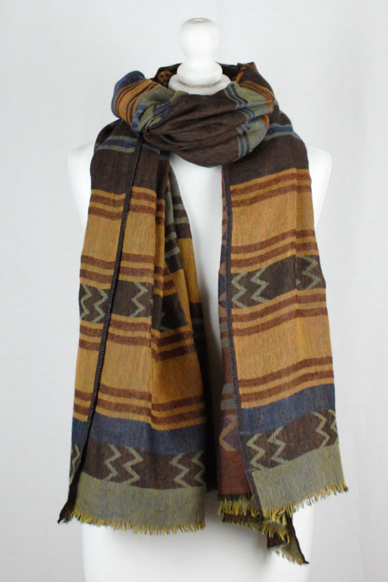 Stripes and Chevron Jacquard Merino Woolen Scarf - Brown Blue