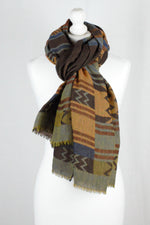 Stripes and Chevron Jacquard Merino Woolen Scarf - Brown Blue