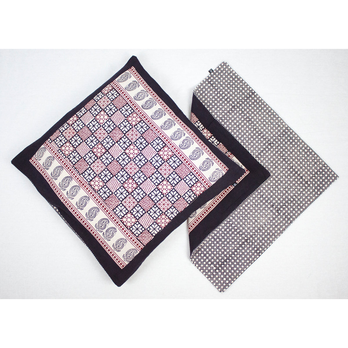 Checks Mix & Diamond Bagh Hand Block Print Cotton Cushion Cover - White Black Red
