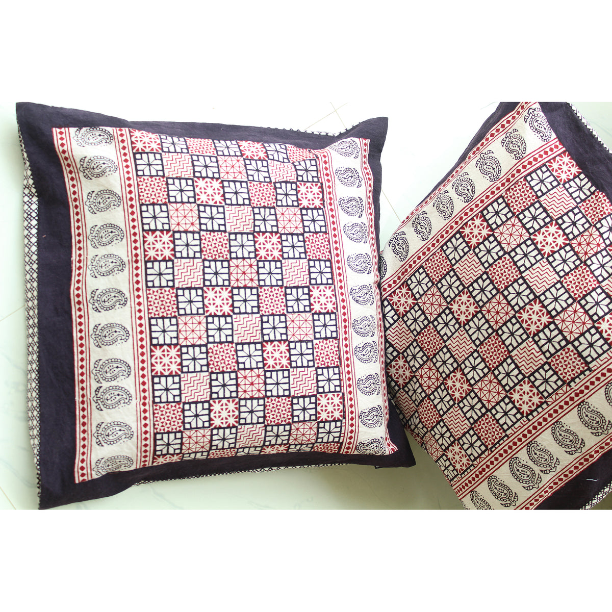 Checks Mix & Diamond Bagh Hand Block Print Cotton Cushion Cover - White Black Red