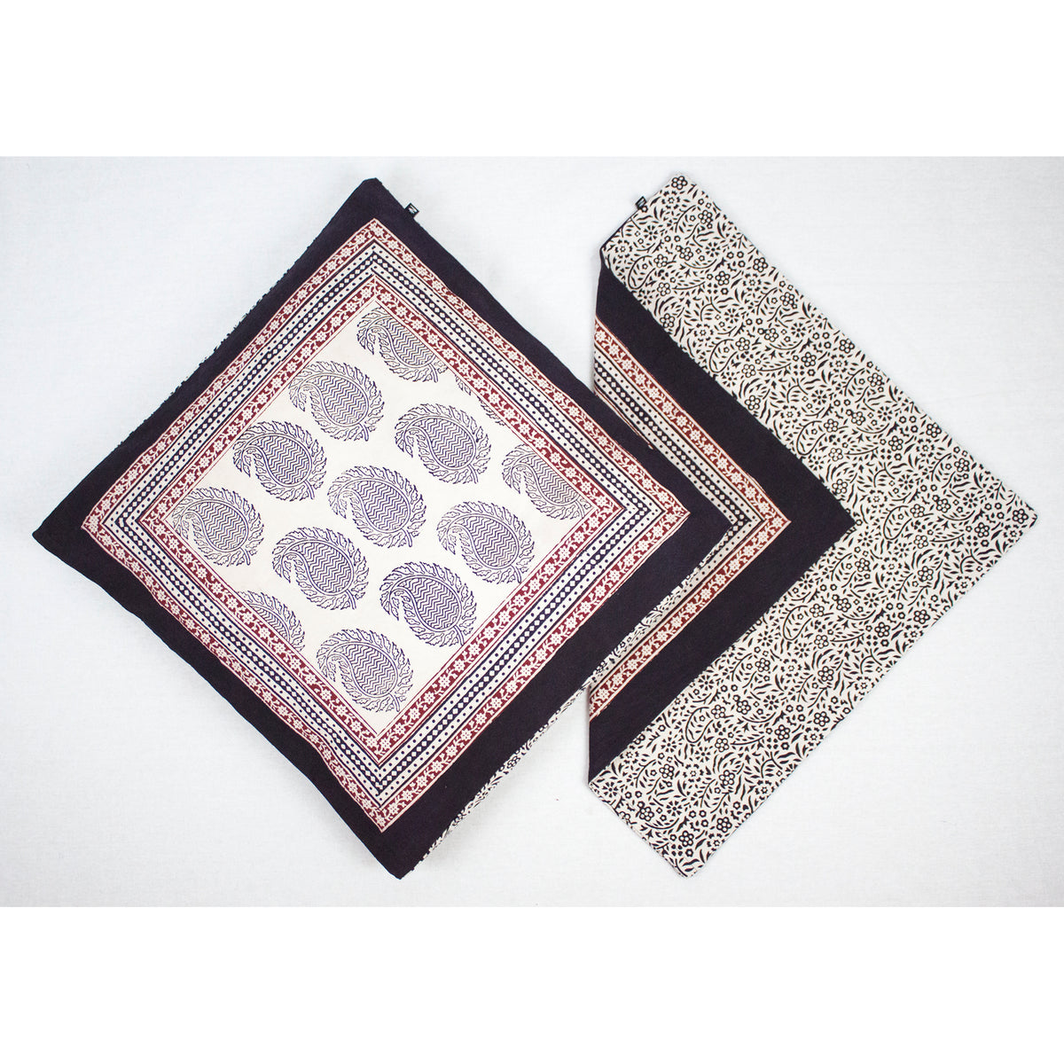 Ambi Paisley & Floral Mix Bagh Hand Block Print Cotton Cushion Cover - White Black Red