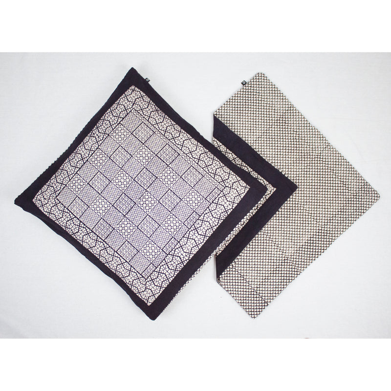 Checks Mix & Seashell Bagh Hand Block Print Cotton Cushion Cover - White Black