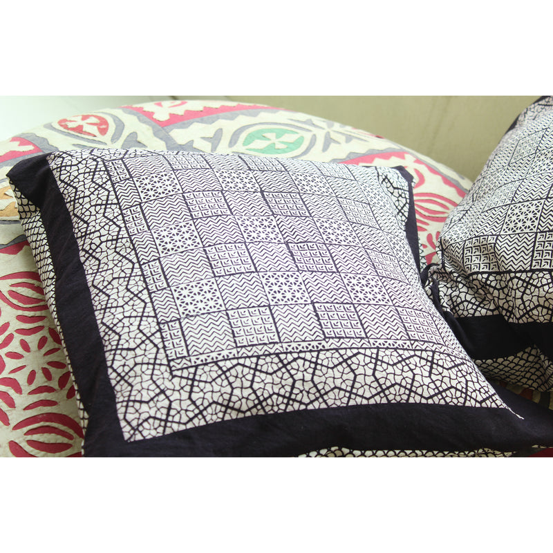 Checks Mix & Seashell Bagh Hand Block Print Cotton Cushion Cover - White Black