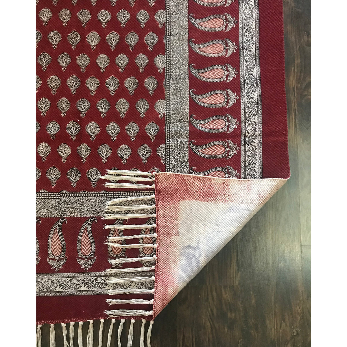 Traditional Paisley Jaal & Border Hand-block Print Rug - Red White