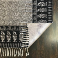 Floral Jaal & Paisley Hand-block Print Rug - White Black