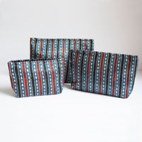 Ajrakh Hand-block Print Pouch Set of 3 - Blue Black Stripes