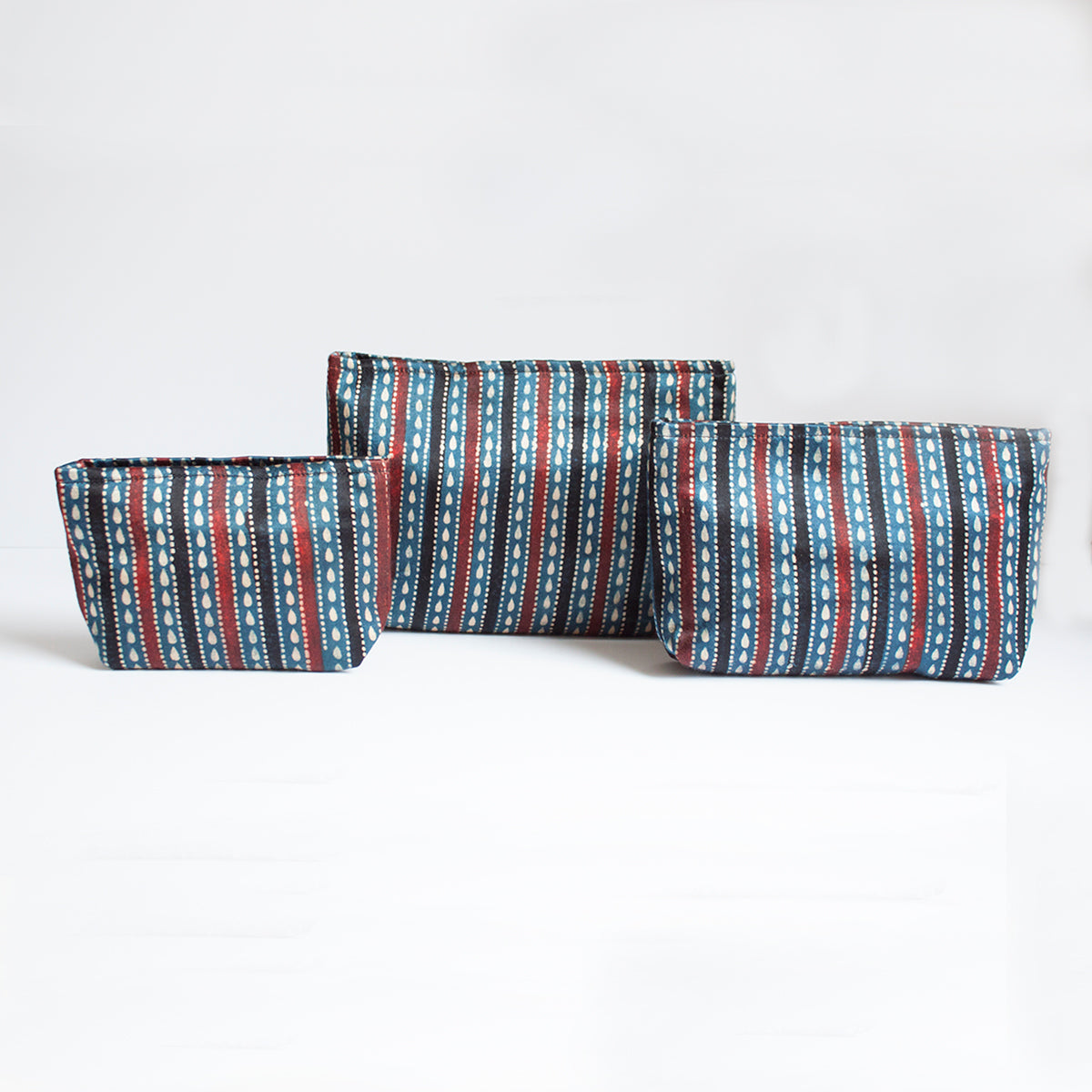 Ajrakh Hand-block Print Pouch Set of 3 - Blue Black Stripes