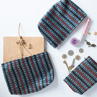 Ajrakh Hand-block Print Pouch Set of 3 - Blue Black Stripes