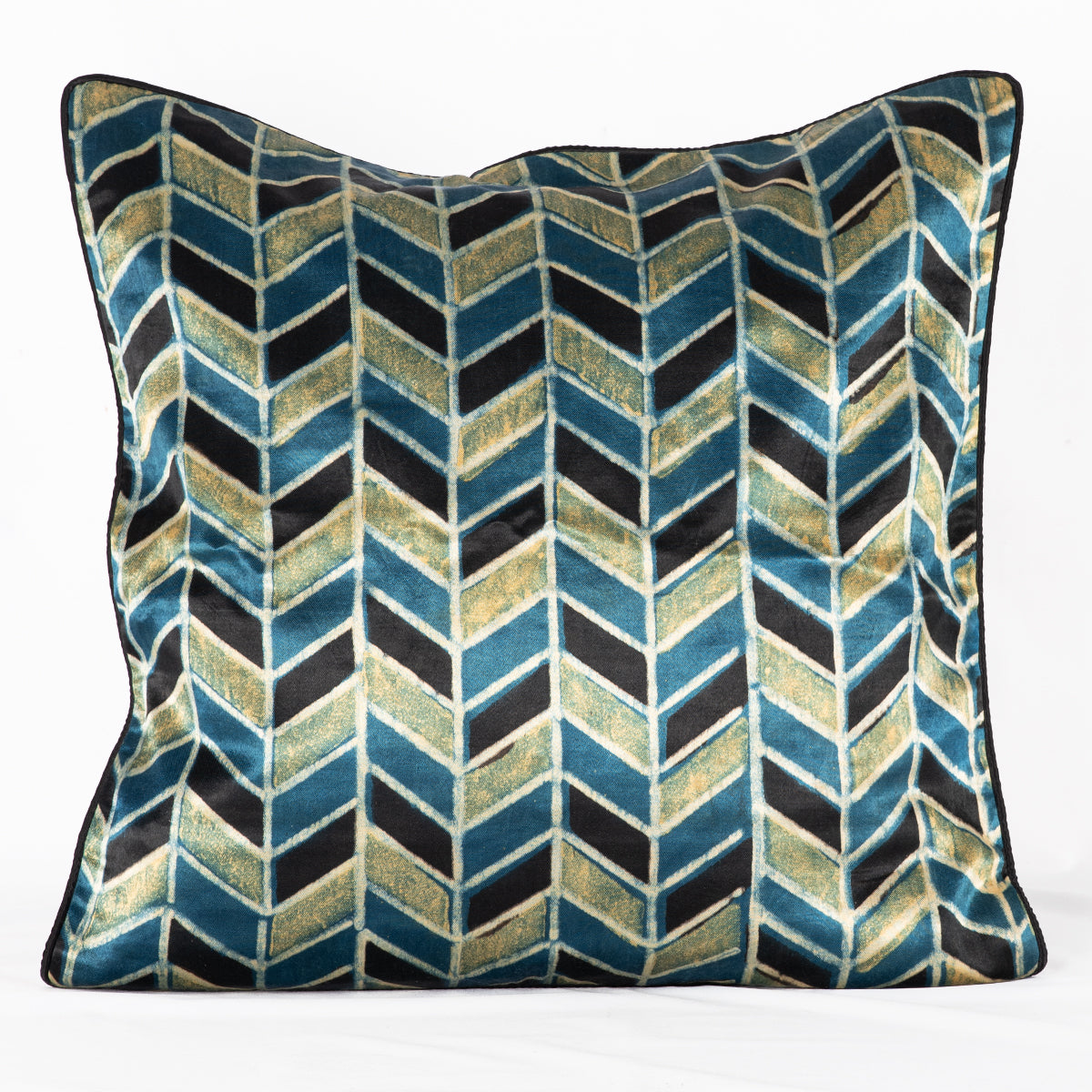 SVEZE Geometric Chevron Hand Block Print Mashru Silk Cushion Cover - Blue Black