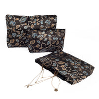 Ajrakh Hand-block Print Silk Travel Case - Set of 3 - Black Gold Blue Floral Vine