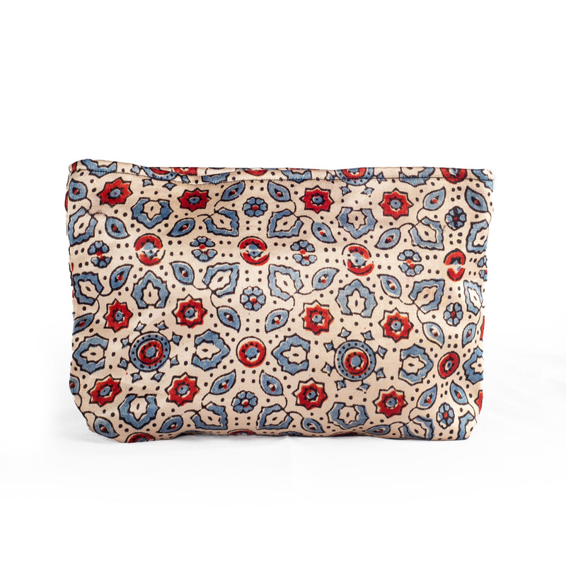 Ajrakh Hand-block Print Silk Travel Case - Set of 3 - Off-white Red Blue Floral