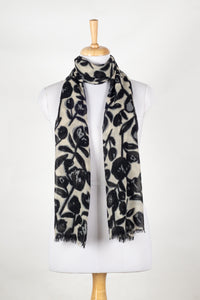 Buds and Flowers Merino Wool Scarf - Black White
