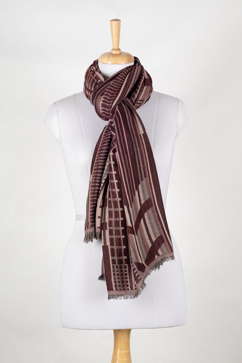 Geometric Abstract Jacquard Merino Wool Scarf - Maroon