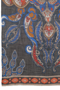 Indian Floral & Leaf Fine Wool Scarf – Grey Multicolour
