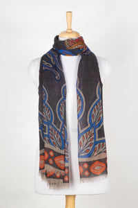 Indian Floral & Leaf Fine Wool Scarf – Grey Multicolour