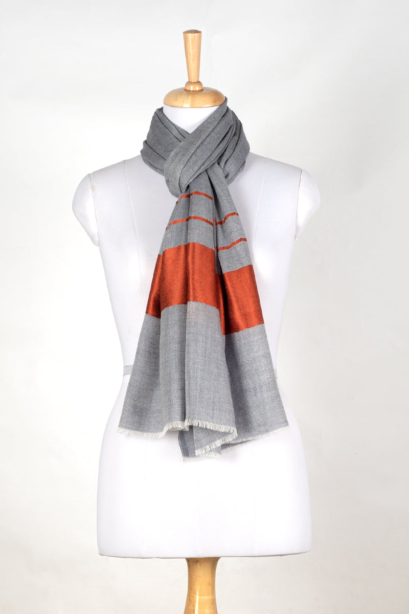 Border and Stripes Cashmere Wool Scarf - Grey Orange