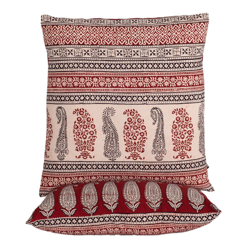 Paisley and Geometric Pattern Bagh Hand Block Print Cotton Cushion Cover - Red Black
