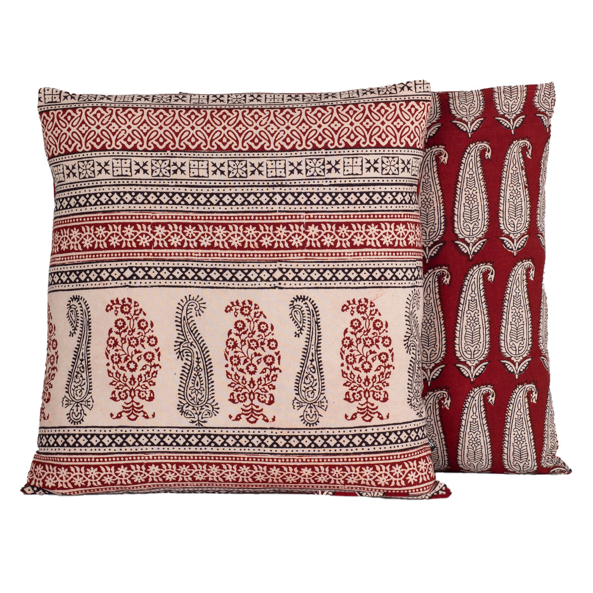 Paisley and Geometric Pattern Bagh Hand Block Print Cotton Cushion Cover - Red Black