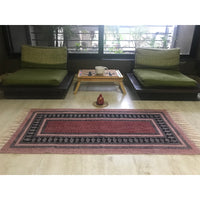 Dots & Floral Hand-block Print Rug - Red Black