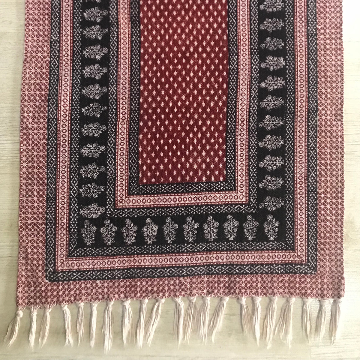 Dots & Floral Hand-block Print Rug - Red Black